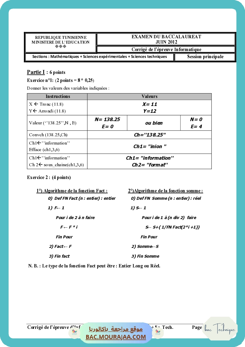 Corrigé principale info Bac 2012 – Section technique